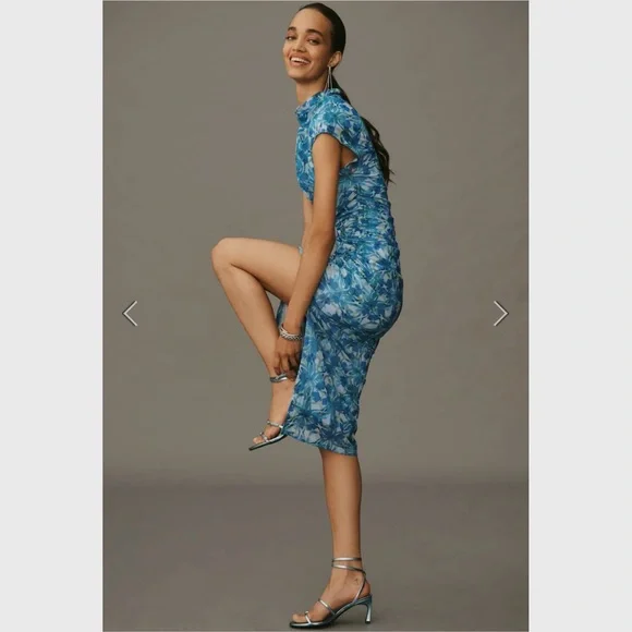 Anthropologie The Maya Ruched Cowl-Neck Dress Mesh Edition Blue Floral Dress - Picture 7 of 16